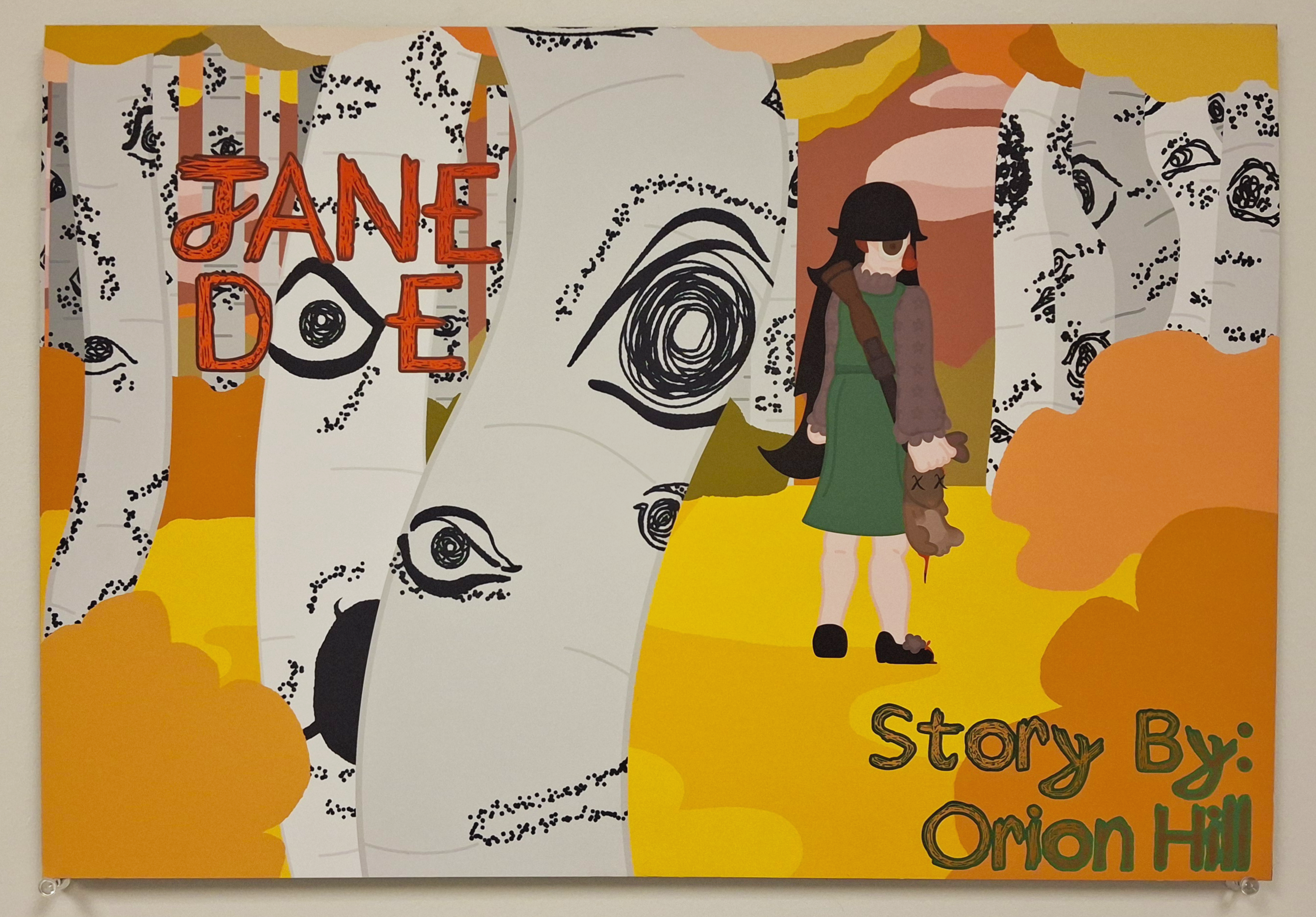 
A photograph. The digital art was printed onto a foam board and is held up by thumb-tacks. It shows a woman with black hair, a purple undershirt, and a green dress with her back facing the camera. She is looking over her shoulder and holding a rabbit. The forest is full of aspen trees and colored with oranges, yellows, and greens.